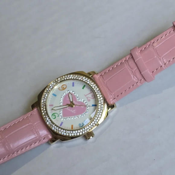 Y2K Dooney & Bourke Hearts Design Rhinestone Bezel Watch Pink Leather Band - Picture 4 of 11